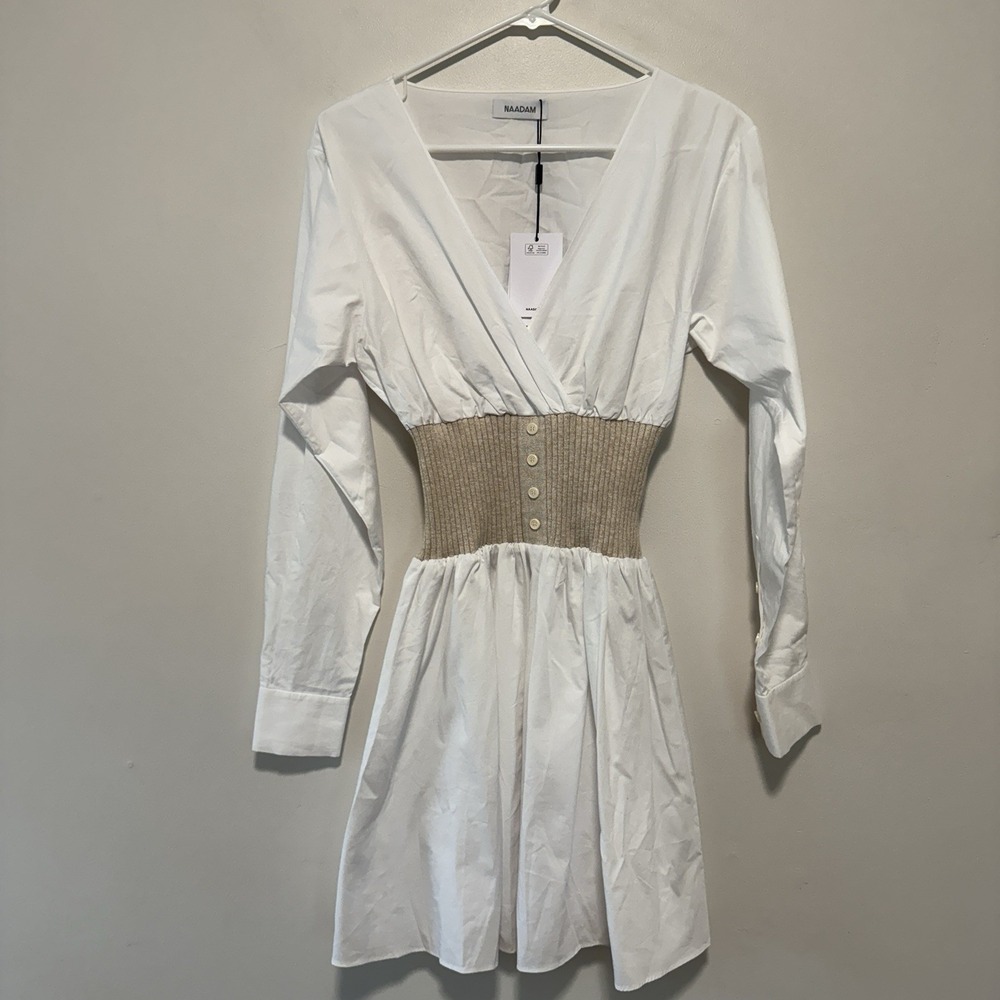 Naadam NWT Cotton Cashmere Mixed Media Mini Dress Size Small in Latte - Picture 3 of 8